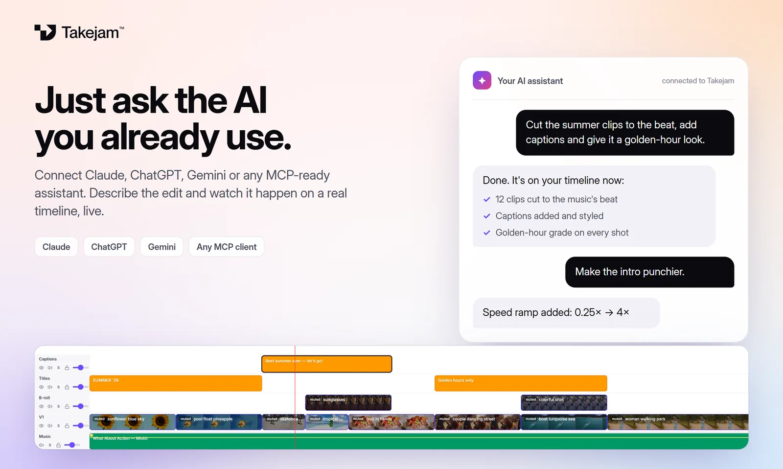 A chat with an AI assistant next to the Takejam timeline it is editing