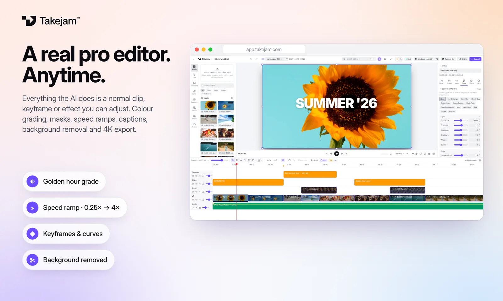 The free Takejam editor with timeline, colour grading and effects